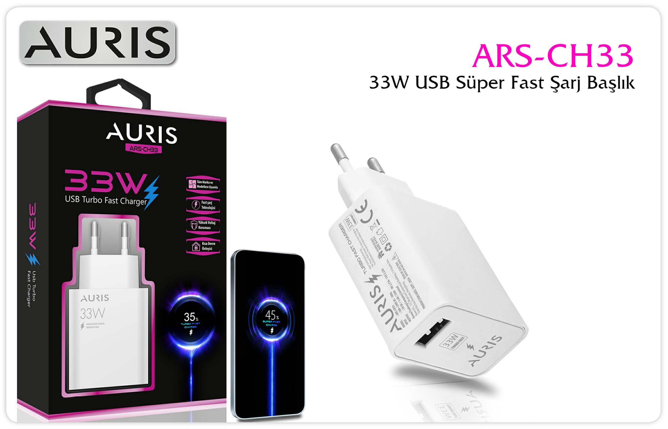Auris CH33 S-Fast Kafa 33W – Süper Hızlı USB Adaptör